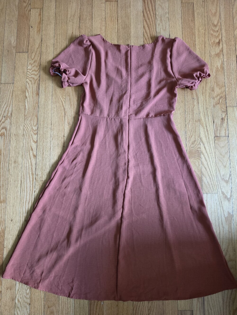 Puff Sleeve Flowy Button-Front Midi Dress Camel Brown Sz L - Picture 3 of 6